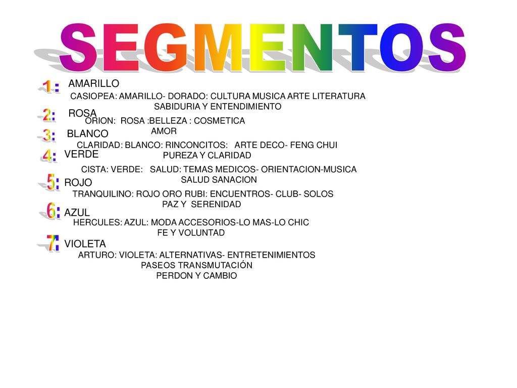 1: 3: SEGMENTOS 2: 4: 5: 6: AMARILLO ROSA BLANCO VERDE ROJO AZUL