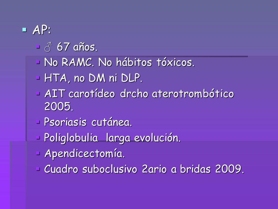 AP: ♂ 67 años. No RAMC. No hábitos tóxicos. HTA, no DM ni DLP.