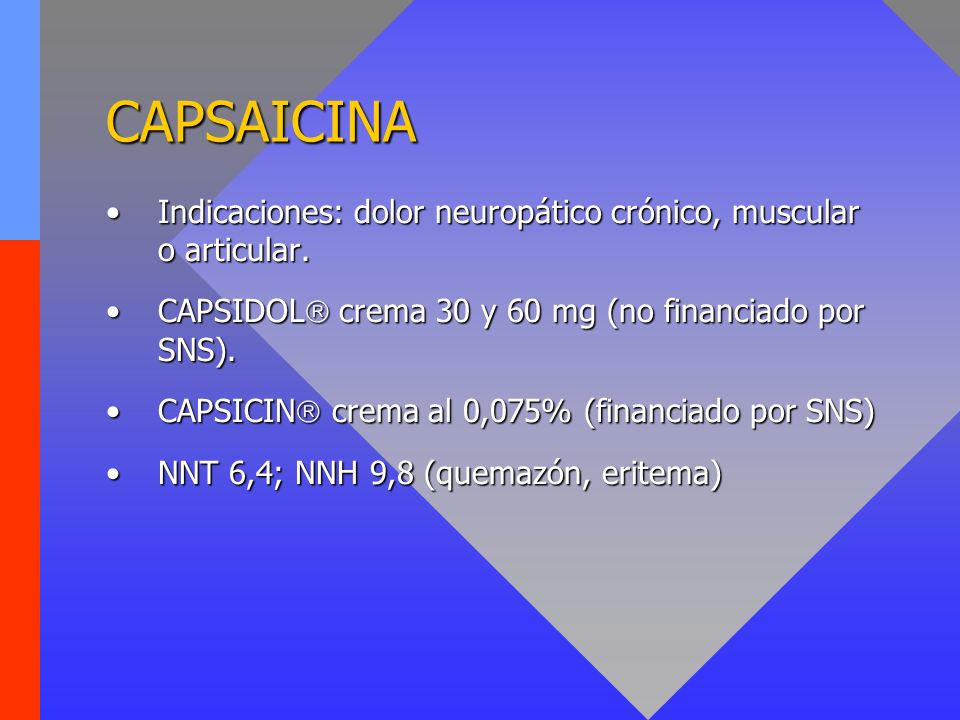 CAPSAICINA Indicaciones: dolor neuropático crónico, muscular o articular. CAPSIDOL crema 30 y 60 mg (no financiado por SNS).