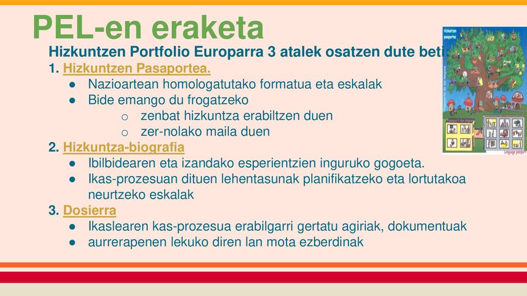 PEL-en eraketa Hizkuntzen Portfolio Europarra 3 atalek osatzen dute beti: 1. Hizkuntzen Pasaportea.