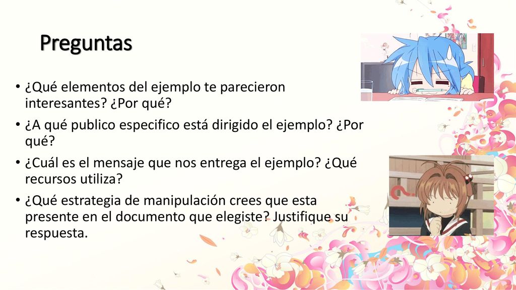 Preguntas ¿Qué elementos del ejemplo te parecieron interesantes ¿Por qué ¿A qué publico especifico está dirigido el ejemplo ¿Por qué