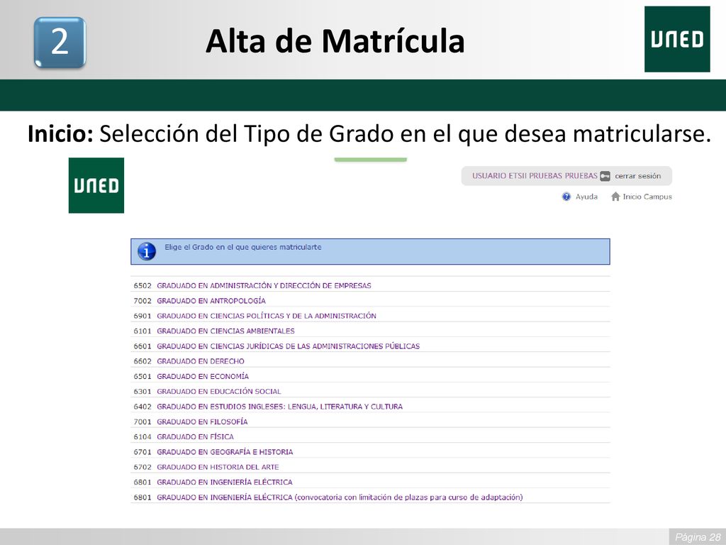 Alta de Matrícula 2 Inicio: Selección del Tipo de Grado en el que desea matricularse.