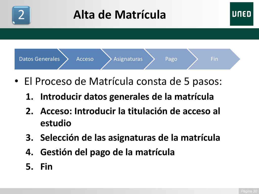 2 Alta de Matrícula El Proceso de Matrícula consta de 5 pasos: