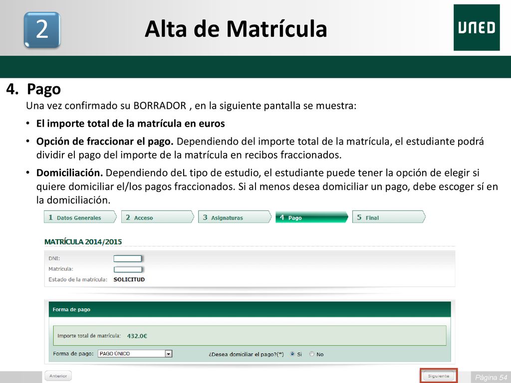 Alta de Matrícula Pago. Una vez confirmado su BORRADOR , en la siguiente pantalla se muestra: