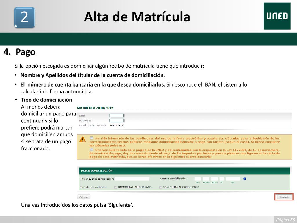 Alta de Matrícula Pago. Si la opción escogida es domiciliar algún recibo de matrícula tiene que introducir: