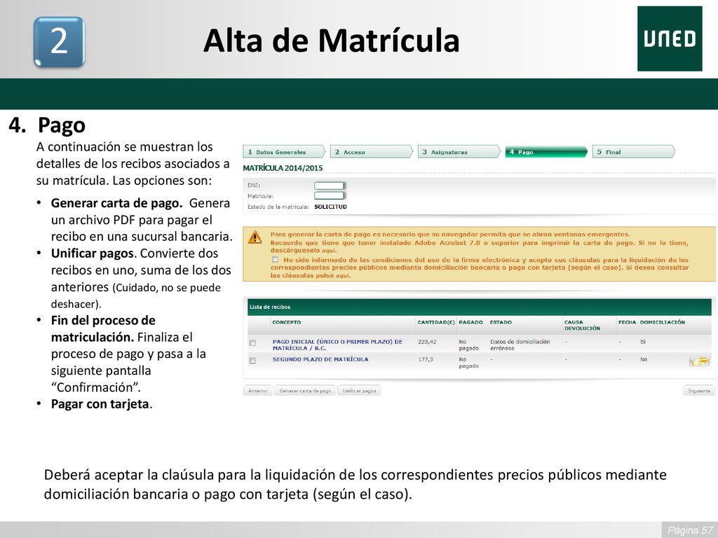 Alta de Matrícula Pago. A continuación se muestran los detalles de los recibos asociados a su matrícula. Las opciones son: