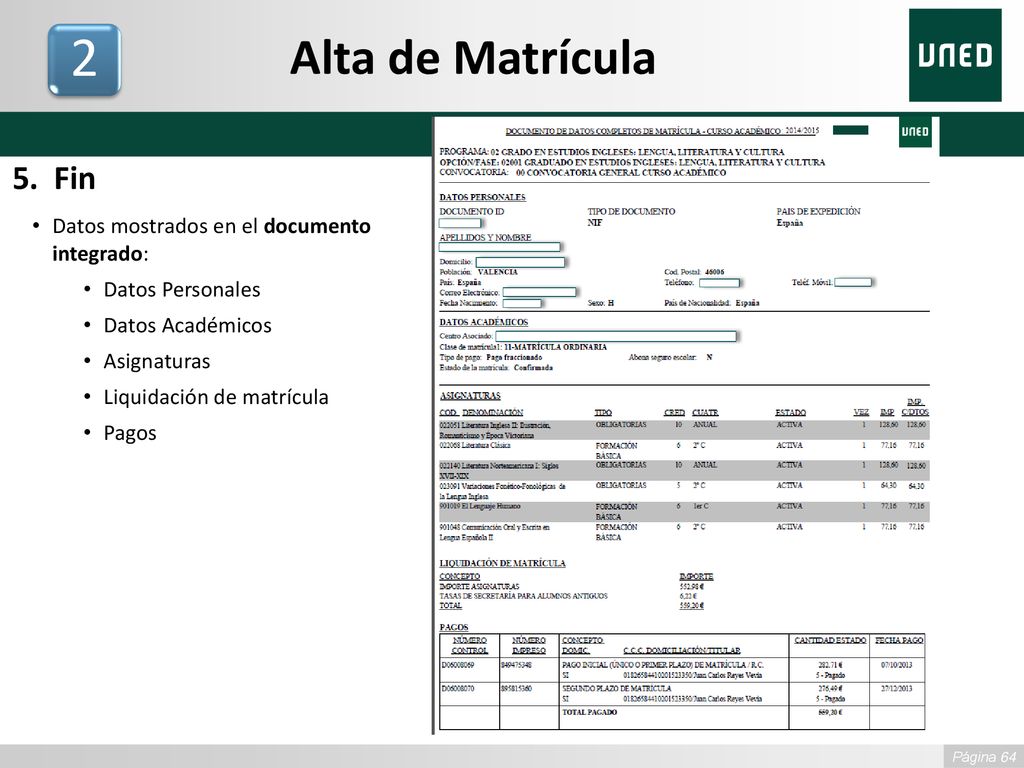 2 Alta de Matrícula 5. Fin Datos mostrados en el documento integrado: