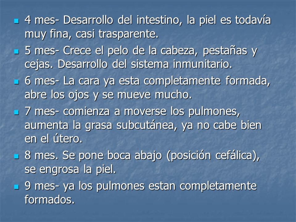 4 mes- Desarrollo del intestino, la piel es todavía muy fina, casi trasparente.