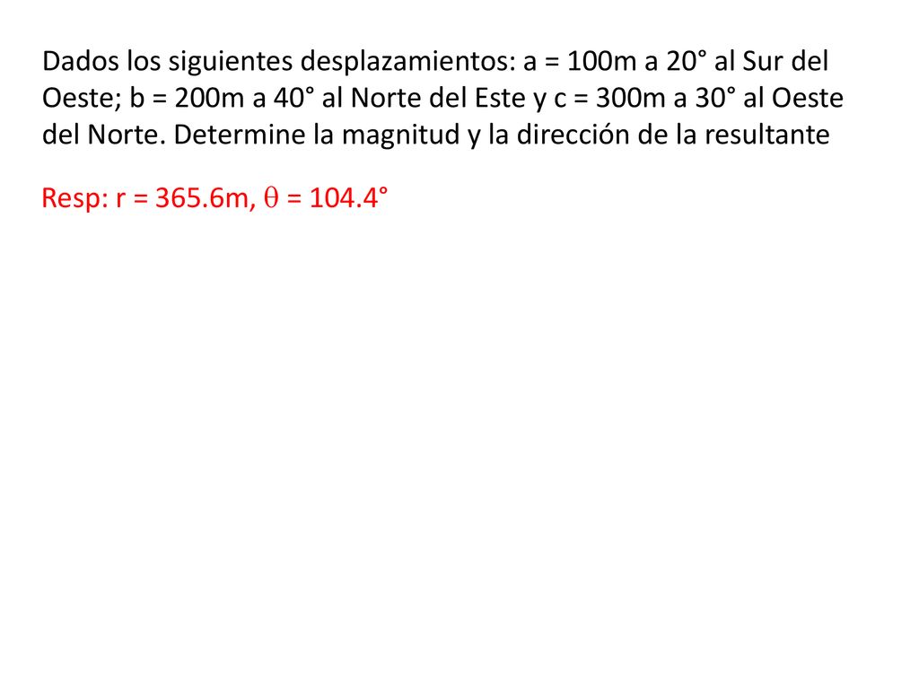 Dados los siguientes desplazamientos: a = 100m a 20° al Sur del Oeste; b = 200m a 40° al Norte del Este y c = 300m a 30° al Oeste del Norte. Determine la magnitud y la dirección de la resultante