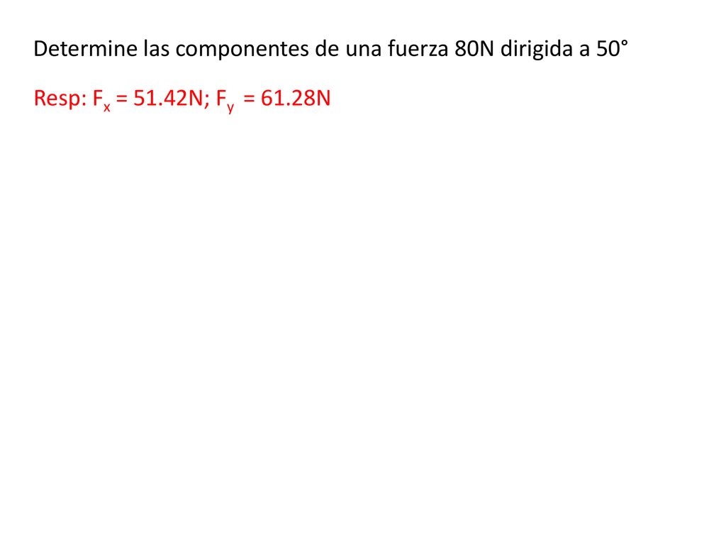 Determine las componentes de una fuerza 80N dirigida a 50°