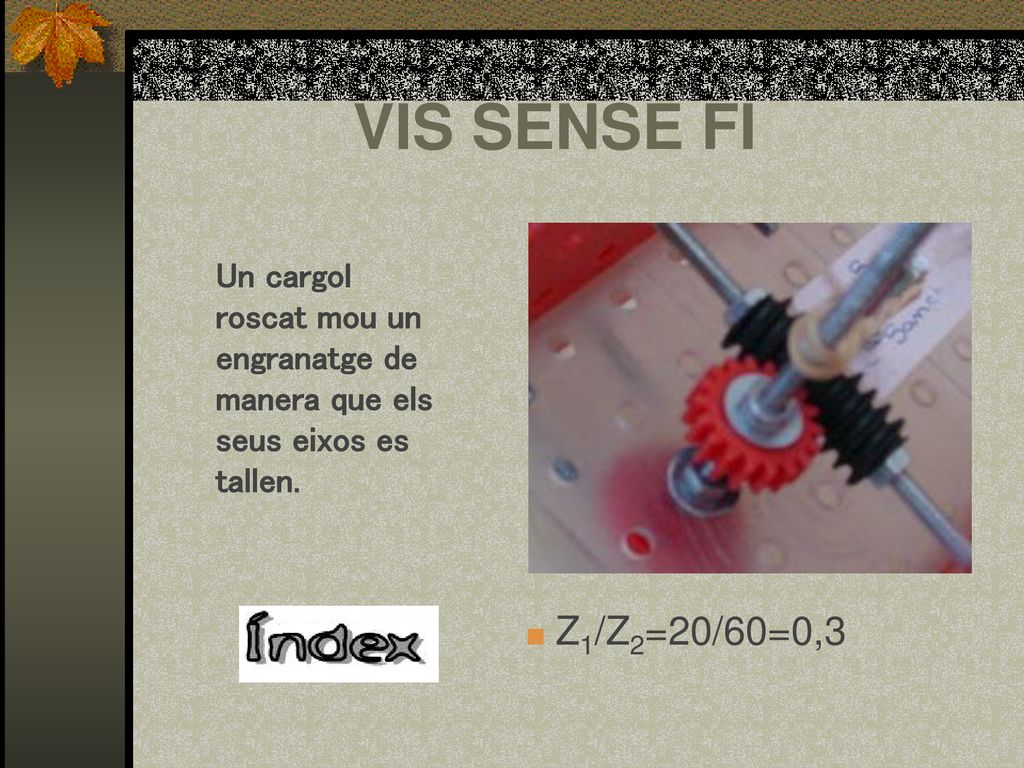 VIS SENSE FI Un cargol roscat mou un engranatge de manera que els seus eixos es tallen.