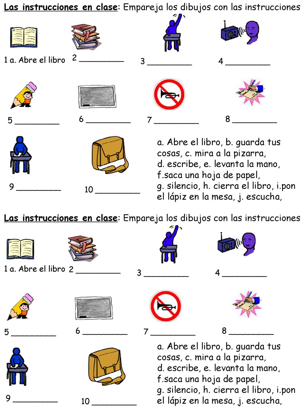 Las instrucciones en clase: Empareja los dibujos con las instrucciones