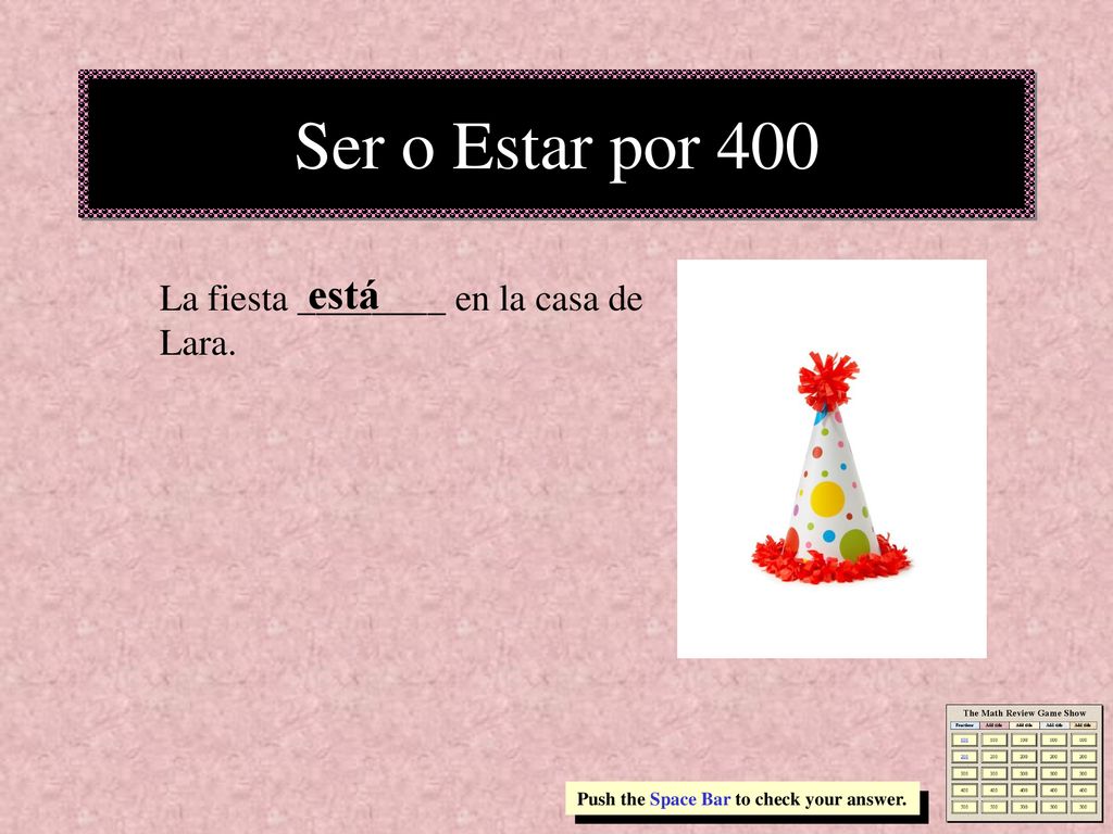 Ser o Estar por 400 está La fiesta ________ en la casa de Lara.