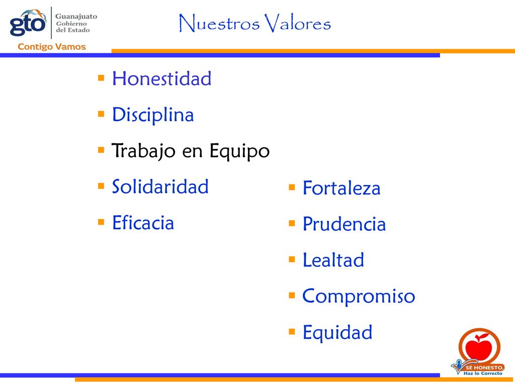 Nuestros Valores Honestidad. Disciplina. Trabajo en Equipo. Solidaridad. Eficacia. Fortaleza. Prudencia.