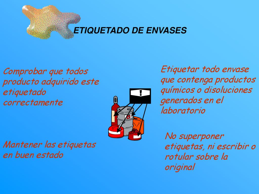 ETIQUETADO DE ENVASES Etiquetar todo envase que contenga productos químicos o disoluciones generados en el laboratorio.