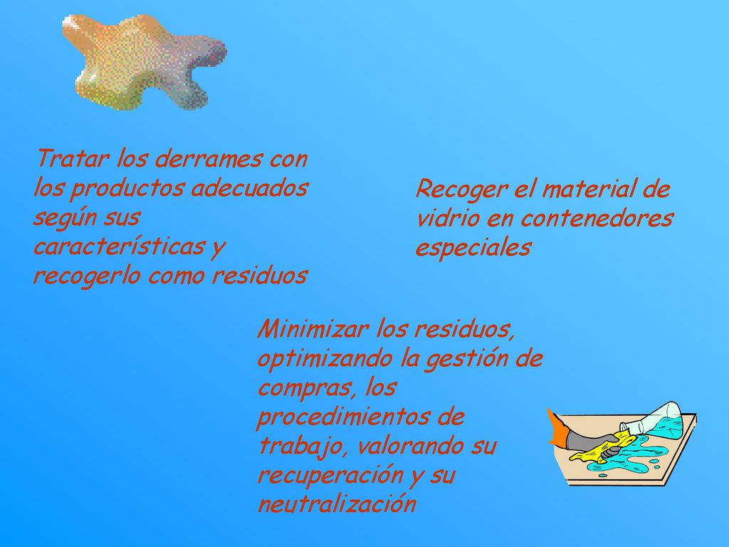 Tratar los derrames con los productos adecuados según sus características y recogerlo como residuos