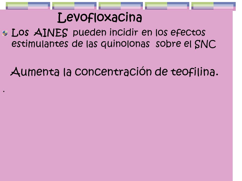 Levofloxacina Los AINES pueden incidir en los efectos estimulantes de las quinolonas sobre el SNC.