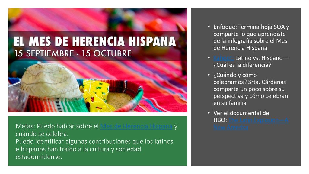 Enfoque: Termina hoja SQA y comparte lo que aprendiste de la infografía sobre el Mes de Herencia Hispana
