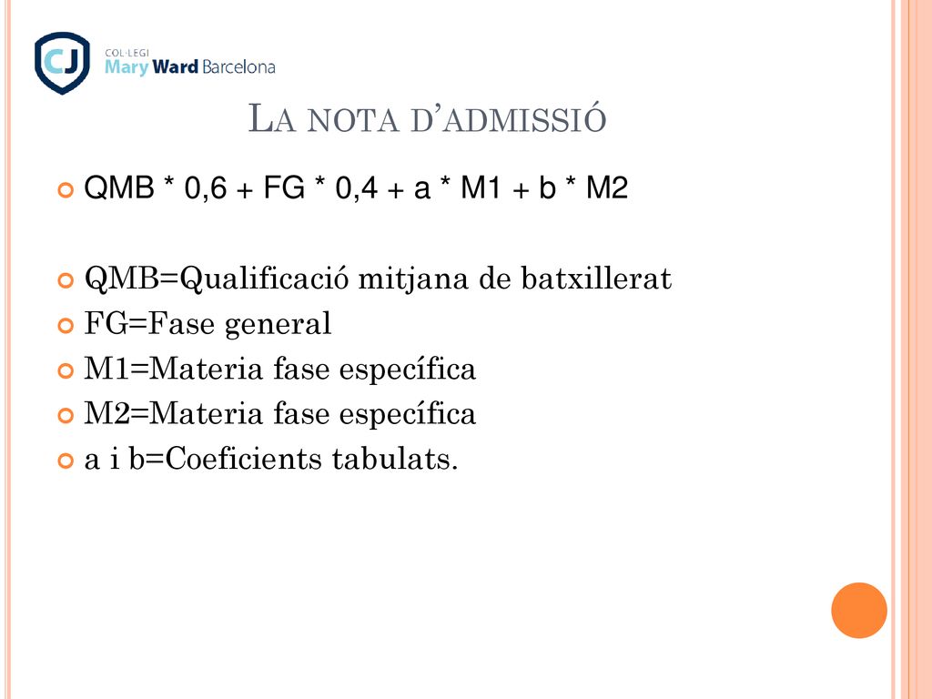 La nota d’admissió QMB * 0,6 + FG * 0,4 + a * M1 + b * M2
