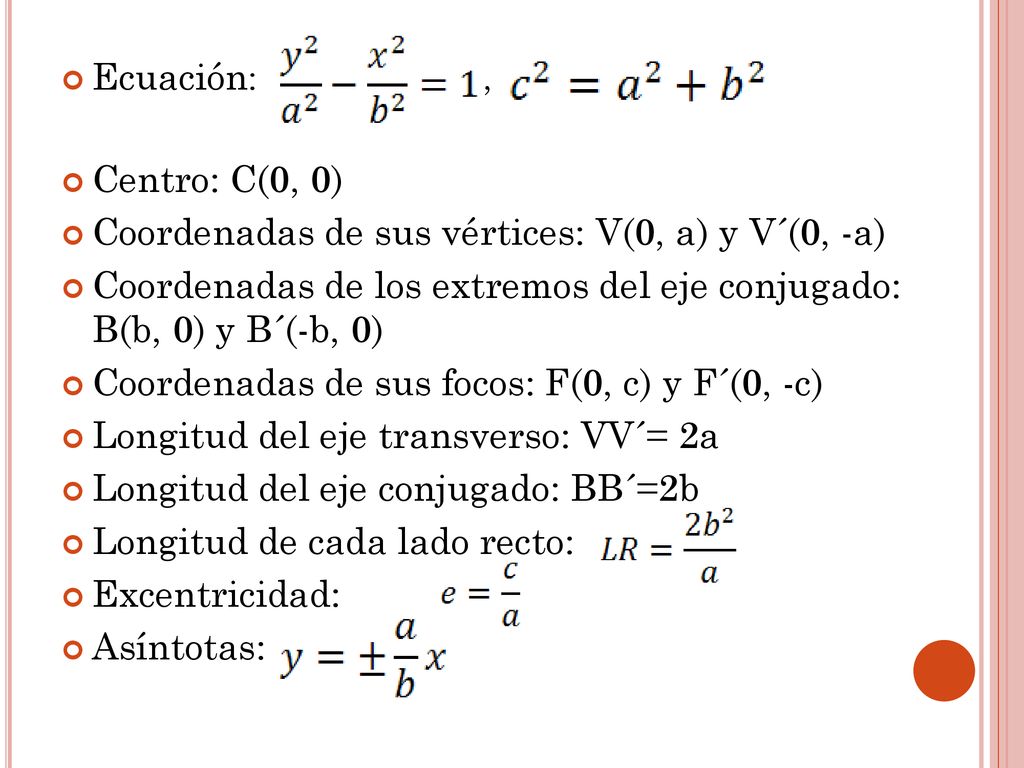 Ecuación: , Centro: C(0, 0) Coordenadas de sus vértices: V(0, a) y V´(0, -a)