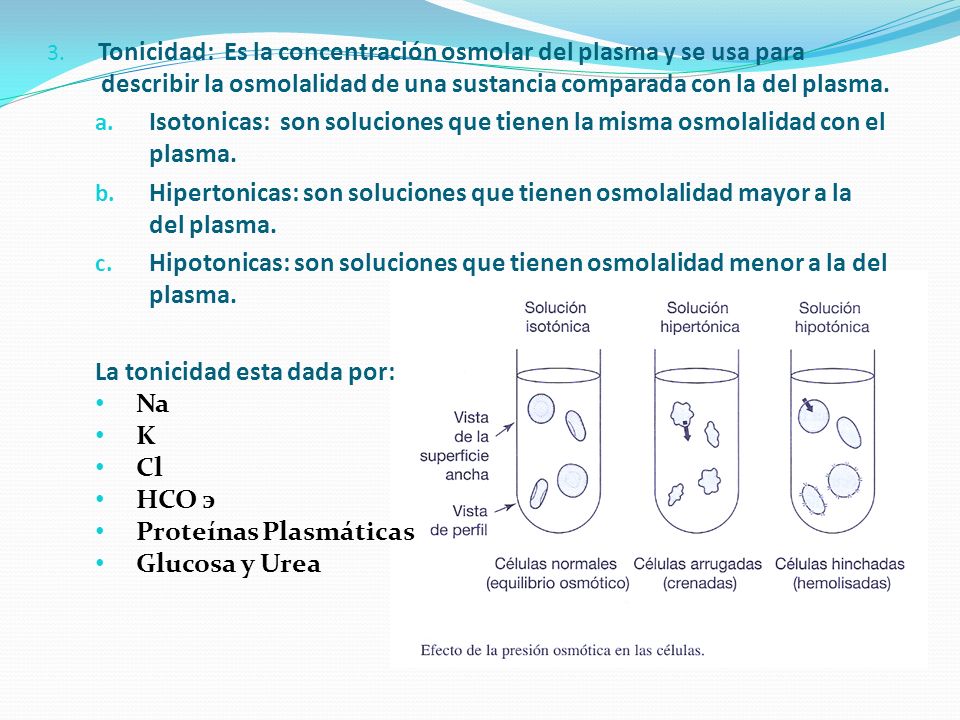 La tonicidad esta dada por: Na K Cl HCO э Proteínas Plasmáticas