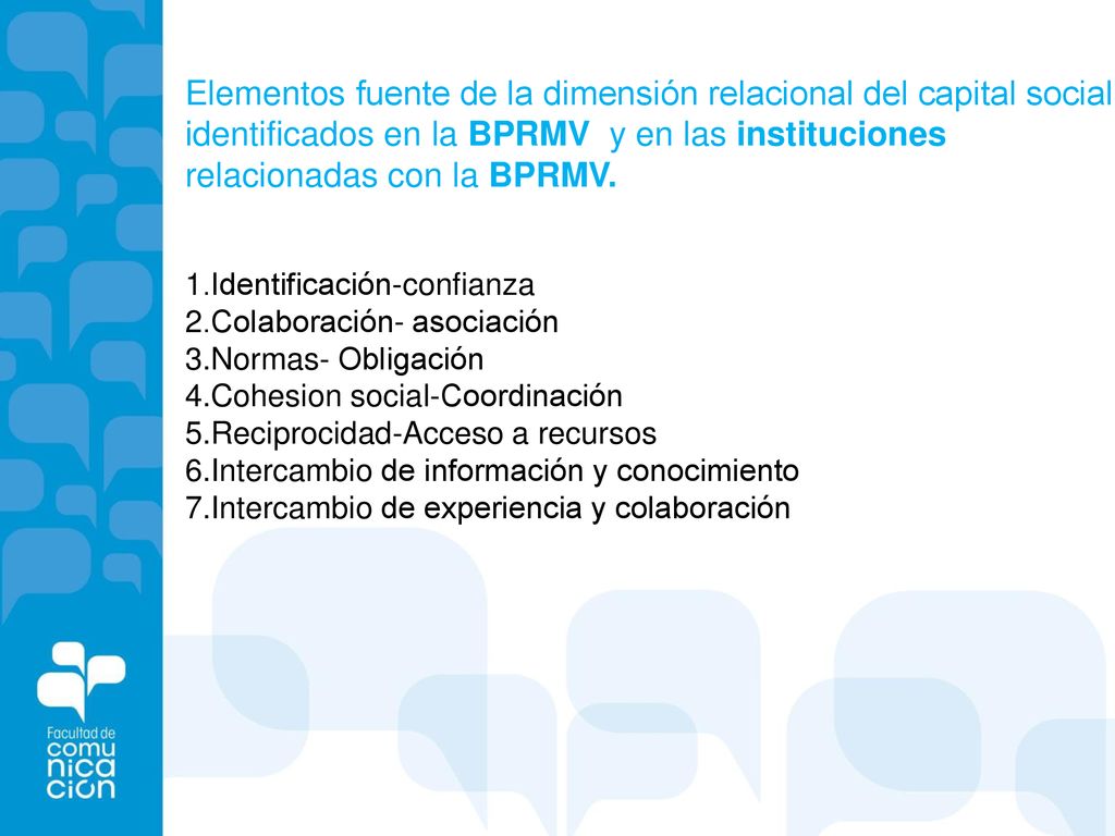 Elementos fuente de la dimensión relacional del capital social identificados en la BPRMV y en las instituciones relacionadas con la BPRMV.