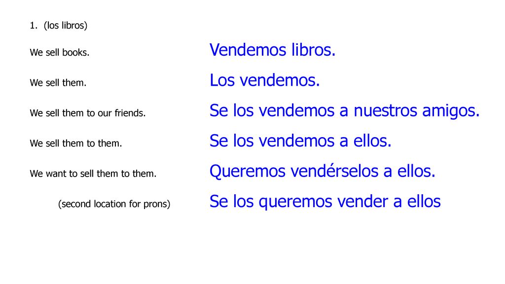 1. (los libros) We sell books. Vendemos libros. We sell them. Los vendemos. We sell them to our friends. Se los vendemos a nuestros amigos.