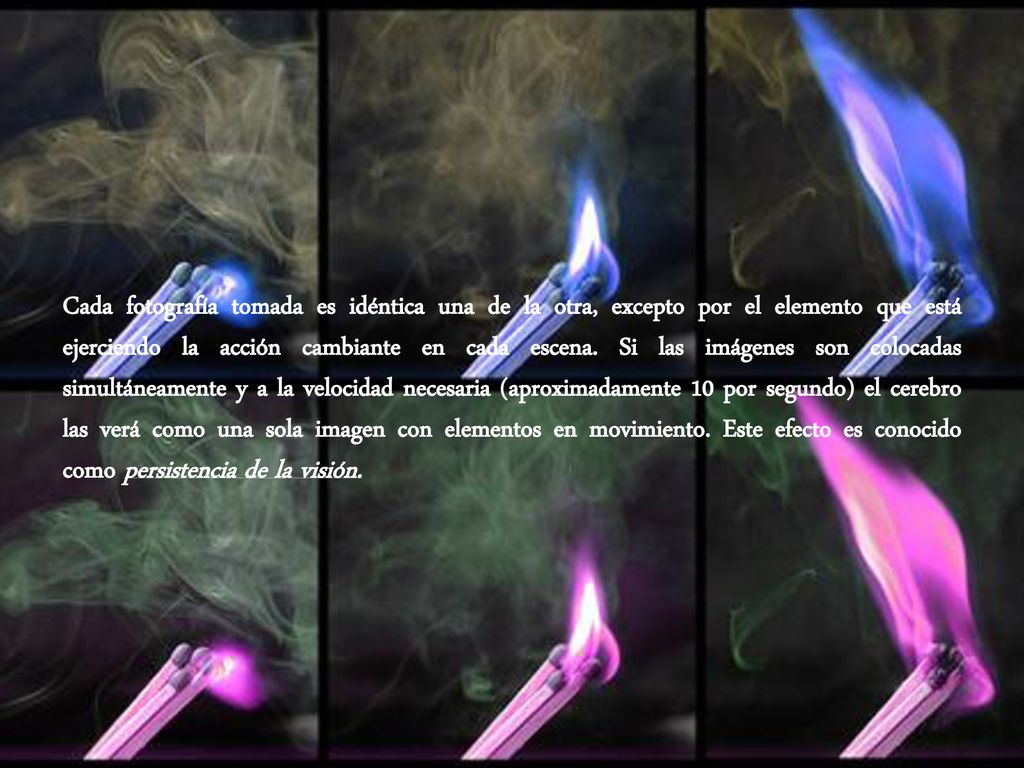 Cada fotografía tomada es idéntica una de la otra, excepto por el elemento que está ejerciendo la acción cambiante en cada escena.