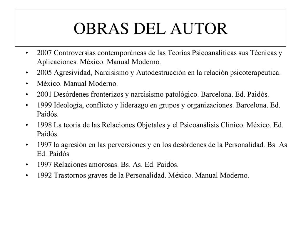 OBRAS DEL AUTOR 2007 Controversias contemporáneas de las Teorías Psicoanalíticas sus Técnicas y Aplicaciones. México. Manual Moderno.