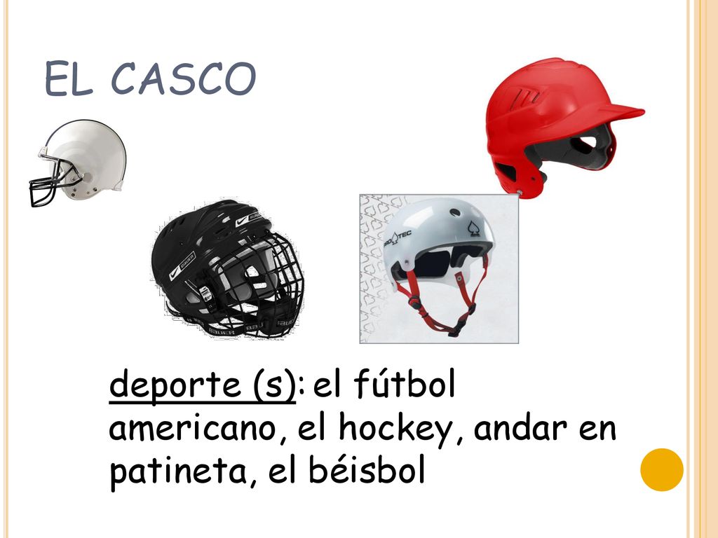 el casco deporte (s): el fútbol americano, el hockey, andar en patineta, el béisbol