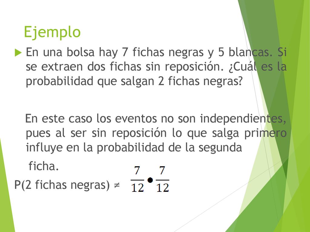 Ejemplo En una bolsa hay 7 fichas negras y 5 blancas. Si se extraen dos fichas sin reposición. ¿Cuál es la probabilidad que salgan 2 fichas negras