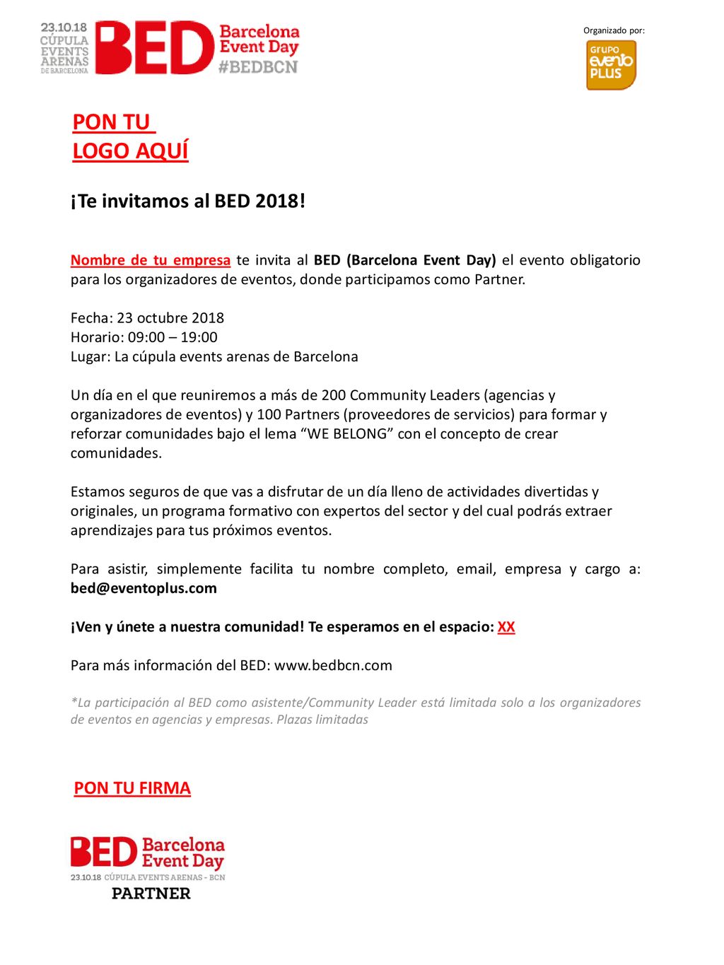PON TU LOGO AQUÍ ¡Te invitamos al BED 2018! PON TU FIRMA