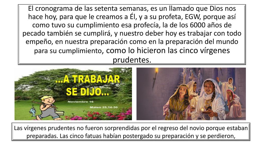 El cronograma de las setenta semanas, es un llamado que Dios nos hace hoy, para que le creamos a Él, y a su profeta, EGW, porque así como tuvo su cumplimiento esa profecía, la de los 6000 años de pecado también se cumplirá, y nuestro deber hoy es trabajar con todo empeño, en nuestra preparación como en la preparación del mundo para su cumplimiento, como lo hicieron las cinco vírgenes prudentes.