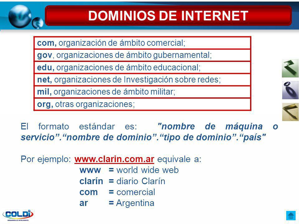 DOMINIOS DE INTERNET com, organización de ámbito comercial; gov, organizaciones de ámbito gubernamental;