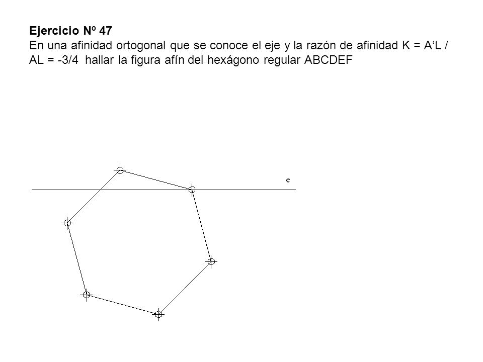 Ejercicio Nº 47 En una afinidad ortogonal que se conoce el eje y la razón de afinidad K = A‘L / AL = -3/4 hallar la figura afín del hexágono regular ABCDEF