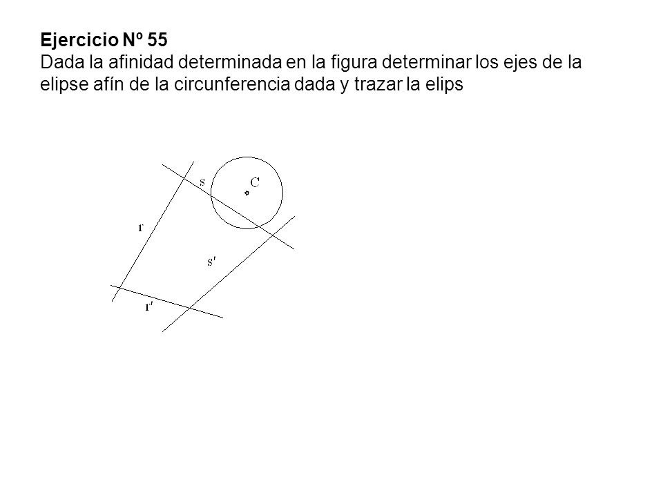 Ejercicio Nº 55 Dada la afinidad determinada en la figura determinar los ejes de la elipse afín de la circunferencia dada y trazar la elips