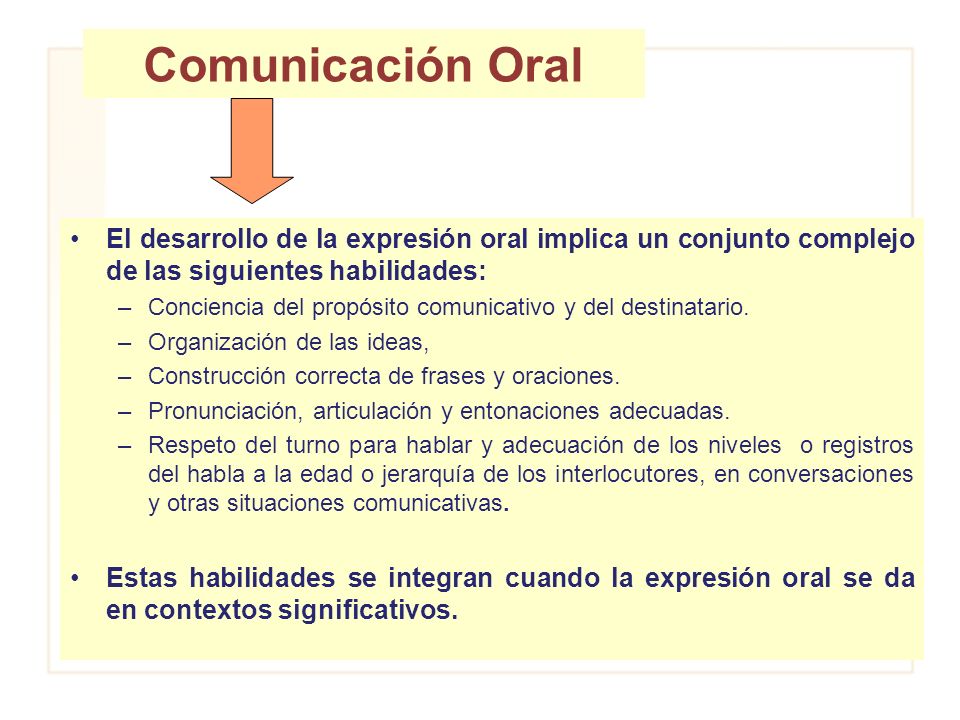 Comunicación Oral El desarrollo de la expresión oral implica un conjunto complejo de las siguientes habilidades: