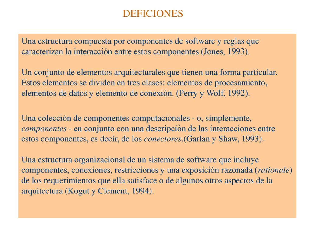 DEFICIONES Una estructura compuesta por componentes de software y reglas que caracterizan la interacción entre estos componentes (Jones, 1993).