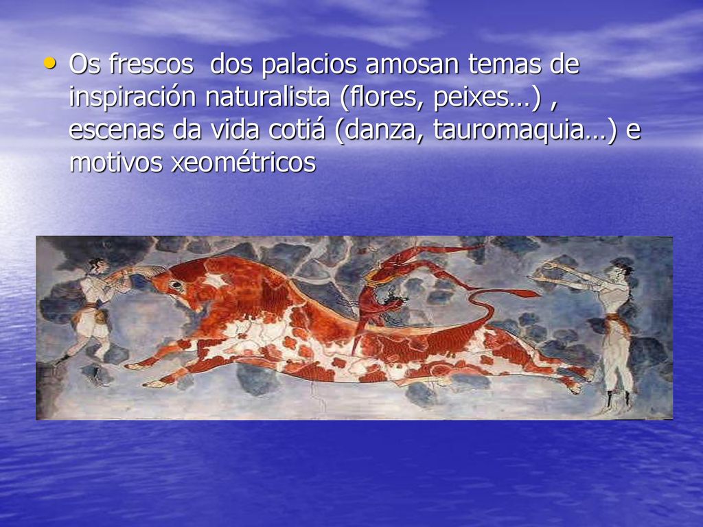 Os frescos dos palacios amosan temas de inspiración naturalista (flores, peixes…) , escenas da vida cotiá (danza, tauromaquia…) e motivos xeométricos