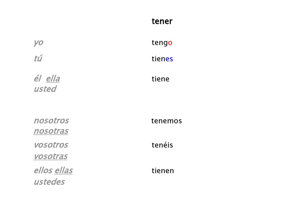 tener yo tengo. tú tienes. él ella tiene. usted. nosotros tenemos.
