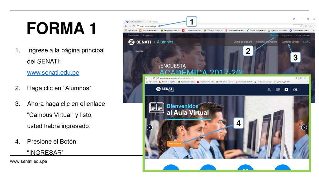 1 FORMA 1. Ingrese a la página principal del SENATI:   Haga clic en Alumnos .