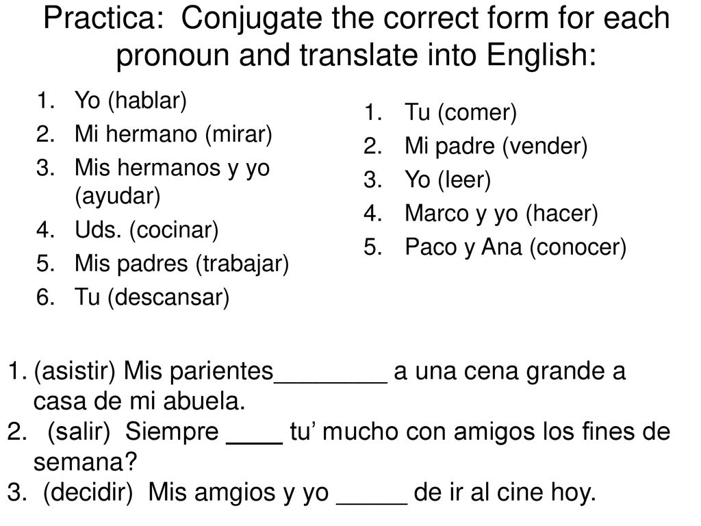 Practica: Conjugate the correct form for each pronoun and translate into English: