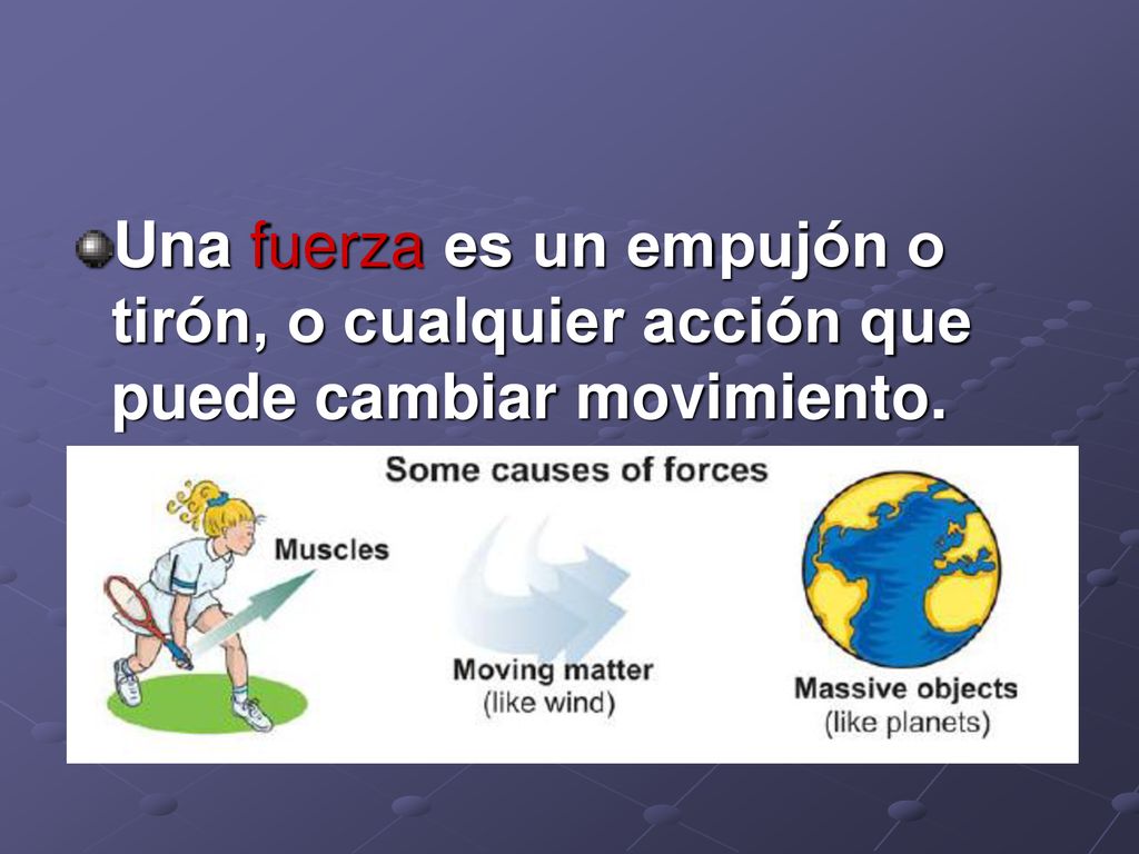 Una fuerza es un empujón o tirón, o cualquier acción que puede cambiar movimiento.
