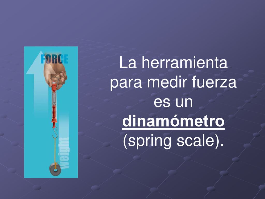 La herramienta para medir fuerza es un dinamómetro (spring scale).