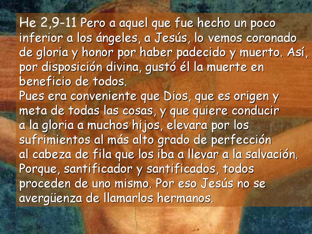 He 2,9-11 Pero a aquel que fue hecho un poco inferior a los ángeles, a Jesús, lo vemos coronado de gloria y honor por haber padecido y muerto.
