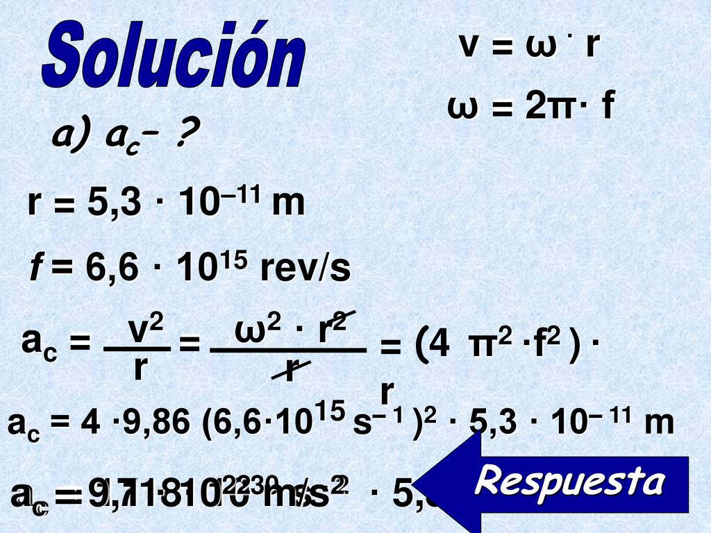 v = ω · r ω = 2π· f a) ac– r = 5,3 · 10–11 m f = 6,6 · 1015 rev/s