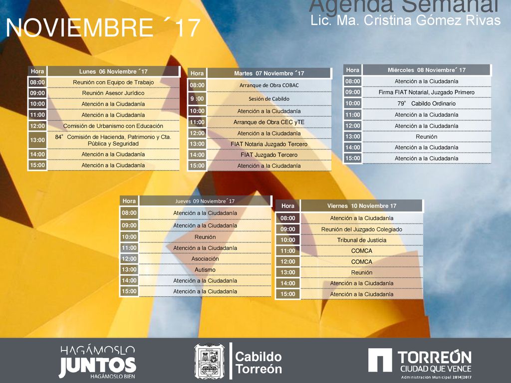 Agenda Semanal NOVIEMBRE ´17 Lic. Ma. Cristina Gómez Rivas Cabildo