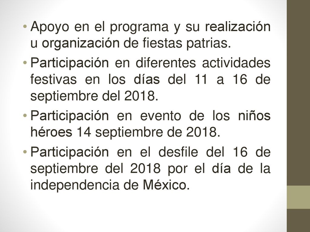 Apoyo en el programa y su realización u organización de fiestas patrias.
