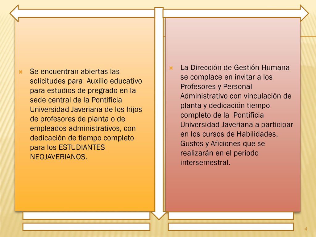 Se encuentran abiertas las solicitudes para Auxilio educativo para estudios de pregrado en la sede central de la Pontificia Universidad Javeriana de los hijos de profesores de planta o de empleados administrativos, con dedicación de tiempo completo para los ESTUDIANTES NEOJAVERIANOS.