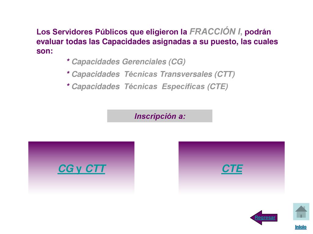 Los Servidores Públicos que eligieron la FRACCIÓN I, podrán evaluar todas las Capacidades asignadas a su puesto, las cuales son:
